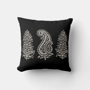 Indian Motif Handblock Print Light Cream on Black Throw Pillow