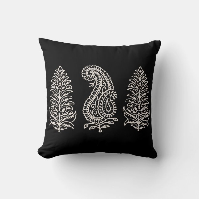 Indian Motif Handblock Print Light Cream on Black Throw Pillow (Front)