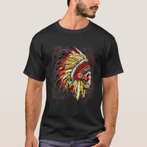 Indian Native American Chief Skull Motorcycle Head T_Shirt