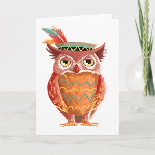 Indian Native American Thanksgiving Owl Pilgrim Holiday Card