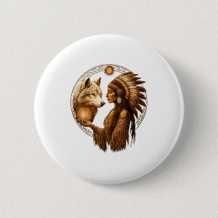 Indian Native American Woman With White Wolf Vinta Button