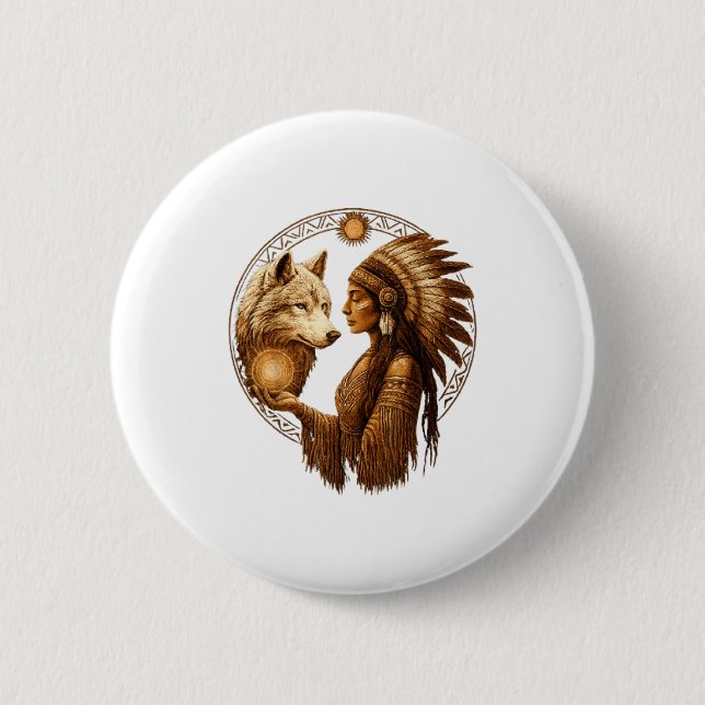 Indian Native American Woman With White Wolf Vinta Button (Front)