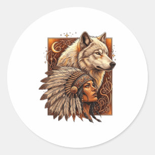 Indian Native American Woman With White Wolf Vitag Classic Round Sticker