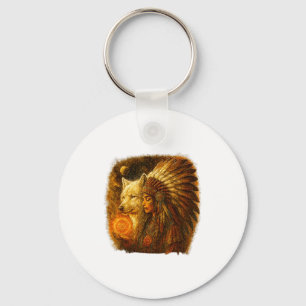 Indian Native American Woman With White Wolf Vitag Keychain