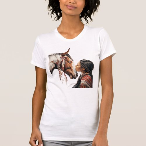 Indian Native Girl Kissing Horse T_Shirt