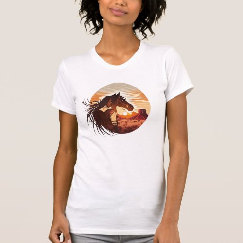 Indian Native With Horse On The Desert T_Shirt