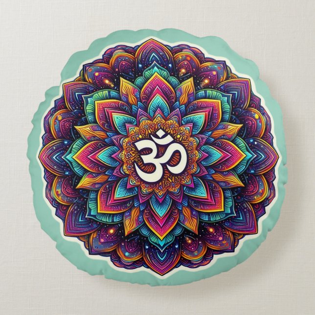 Indian Om Symbol in a beautiful mandala design Round Pillow (Front)