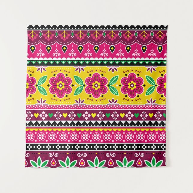 Indian or Pakistani truck art inspired seamless fo Tapestry (Front)