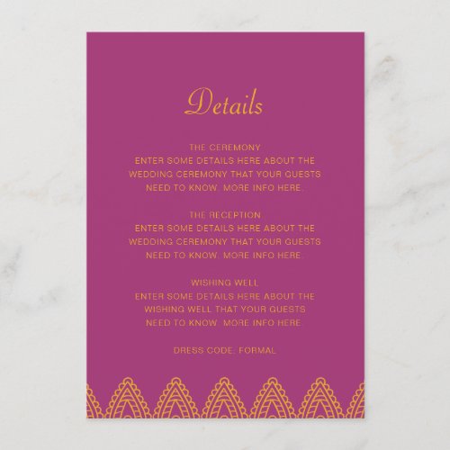 Indian Orange Pink Mehndi Hindu Wedding Details Enclosure Card