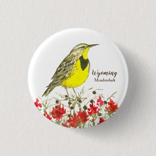 Indian Paintbrush Meadowlark State Bird of Wyoming Pinback Button (Front)