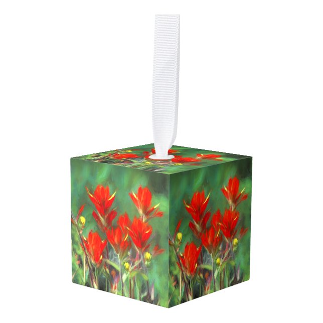 Indian Paintbrush Painting - Original Flower Art Cube Ornament (Front Angled)