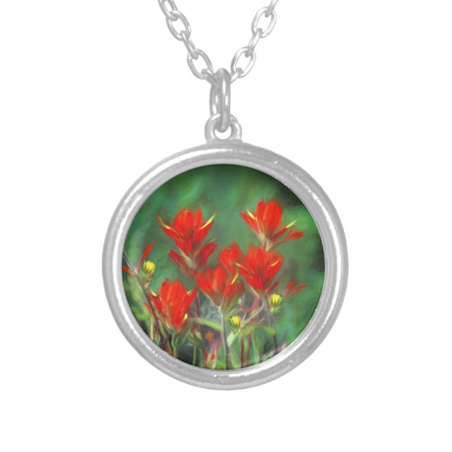 Indian Paintbrush Painting - Original Flower Art Silver Plated Necklace (Front)
