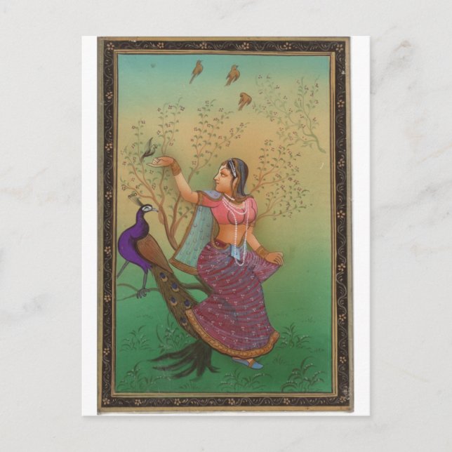 INDIAN PAINTING-LADY IN THE PEACOCK GARDEN POSTCARD (Front)