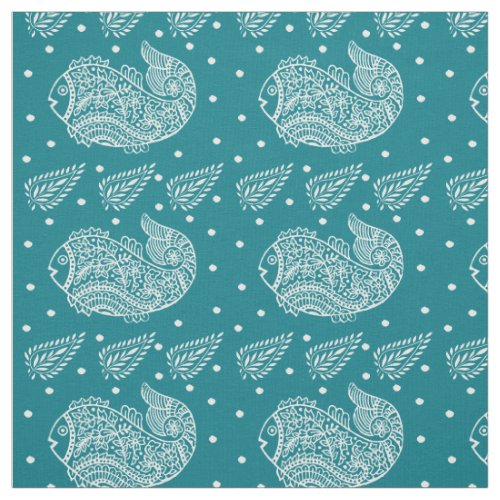 Indian Paisley and Fish white Block_print on Green Fabric