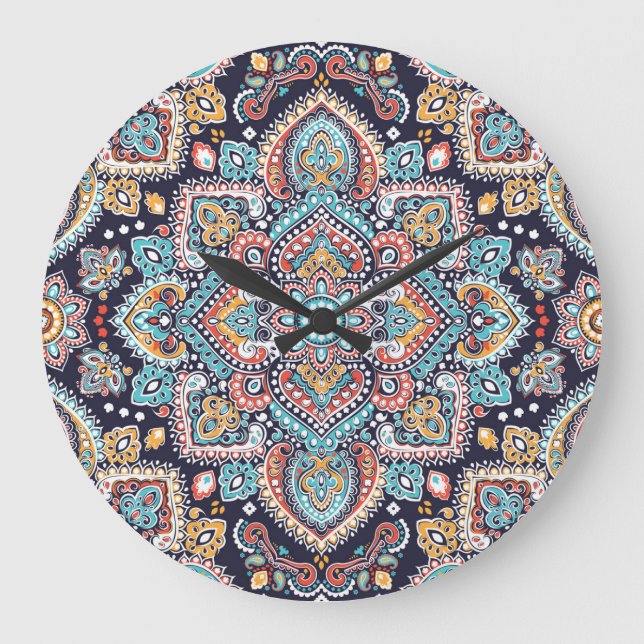 Indian Paisley: Ethnic Mandala Pattern Large Clock (Front)