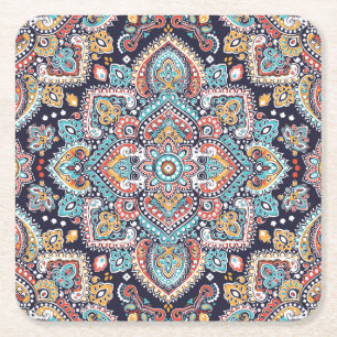 Indian Paisley: Ethnic Mandala Pattern Square Paper Coaster