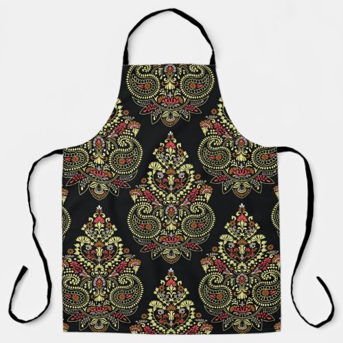 Indian paisley geometric black background apron