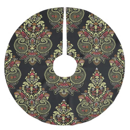Indian paisley geometric black background brushed polyester tree skirt