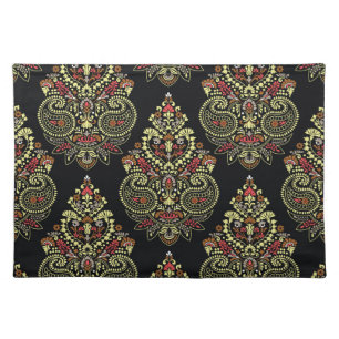 Indian paisley, geometric black background cloth placemat