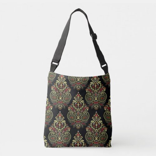 Indian paisley geometric black background crossbody bag