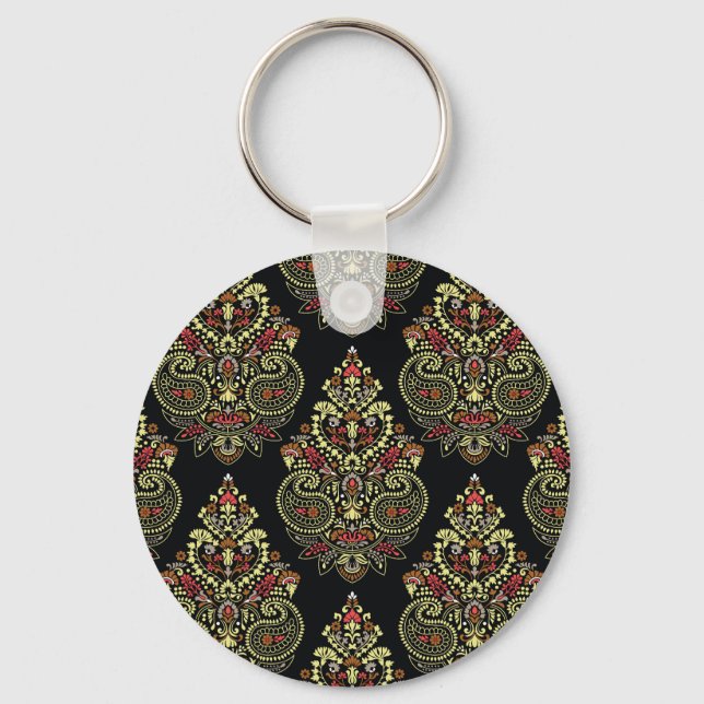 Indian paisley, geometric black background keychain (Front)