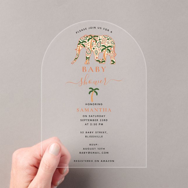 Indian Paisley Ornate Elephants Baby Shower Acrylic Invitations (Insitu (Handheld))