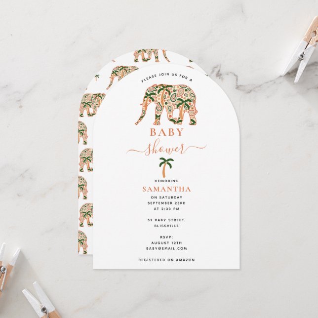 Indian Paisley Ornate Elephants Baby Shower Invitation (Front/Back In Situ)