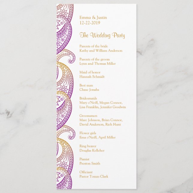 Indian Paisley Purple and Gold Wedding Program (Front)