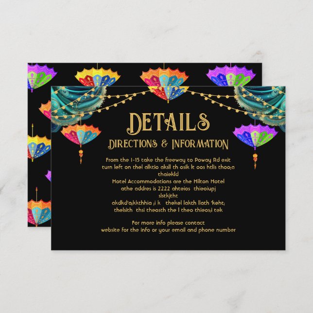 Indian Parasols lights Wedding Details info card (Front/Back)