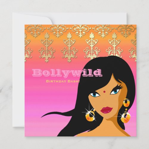 Indian Party Invitation Gold Pink Orange Bindi