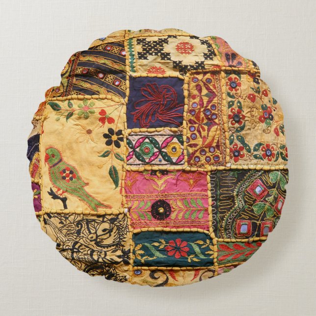 Indian Patchwork: Hampi Market Cloth. Round Pillow (Front)