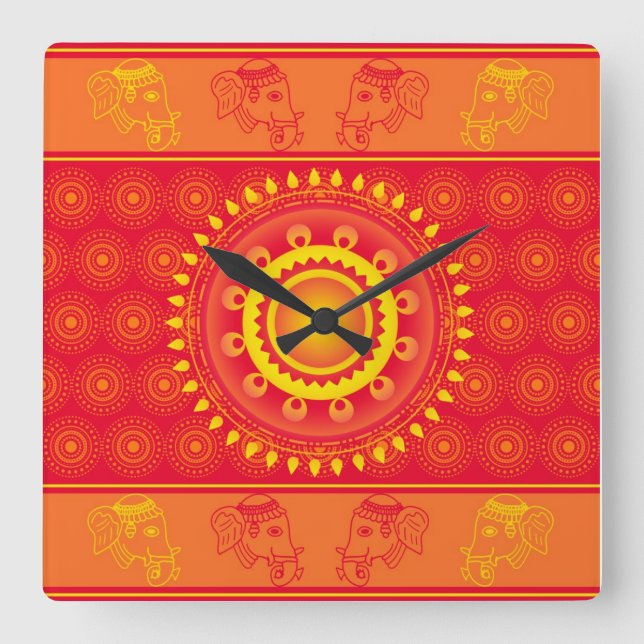 Indian pattern square wall clock (Front)