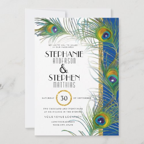 Indian Peacock Feathers Modern Gold Typography Invitation