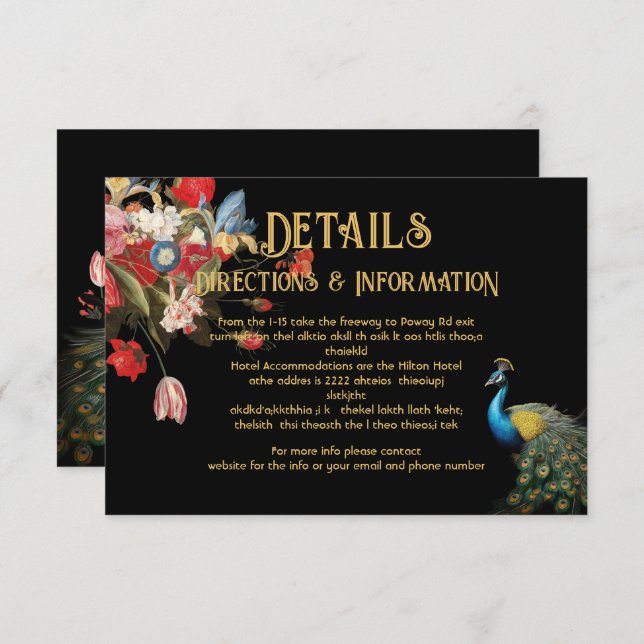 Indian Peacock Floral Wedding Details info card (Front/Back)
