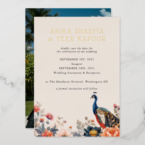 Indian Peacock Flowers Photo Wedding Save the Date Foil Invitation