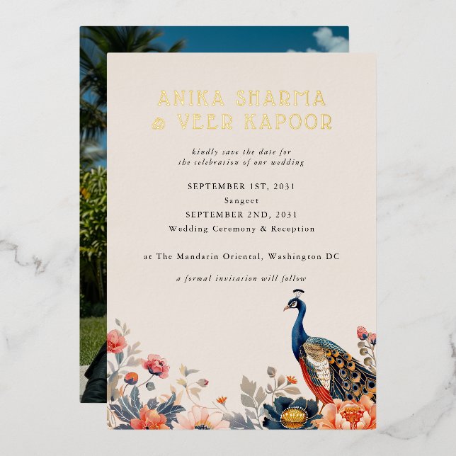 Indian Peacock Flowers Photo Wedding Save the Date Foil Invitation (Front/Back)
