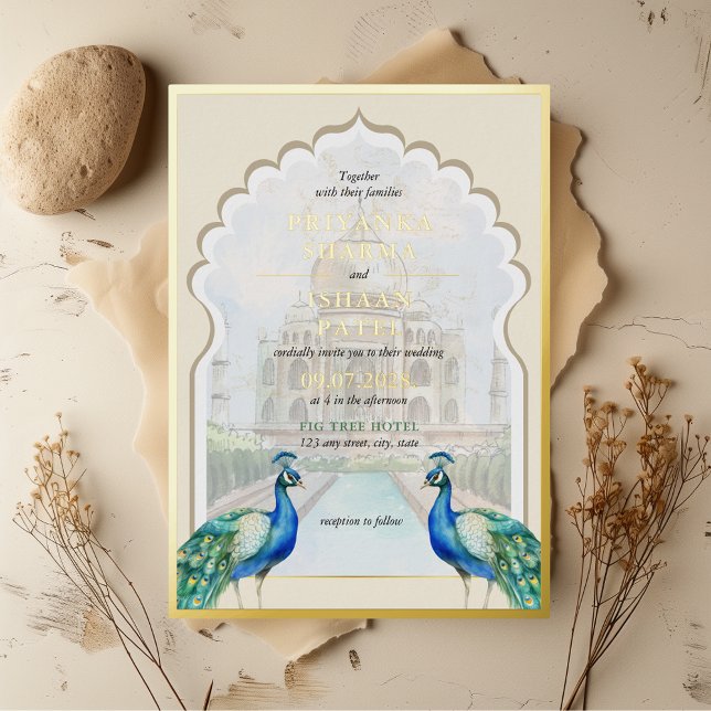 Indian Peacock Gold Taj Mahal Aesthetic Wedding Foil Invitation (Indian Real Gold Foil Peacock Arch Punjabi Hindu Wedding Taj Mahal Unique Colorful Blue Teal Green)