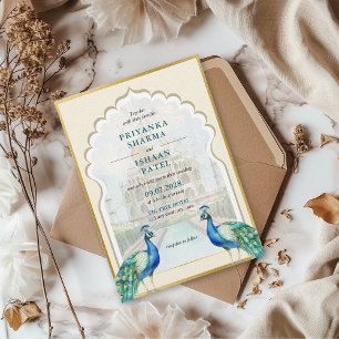Indian Peacock Gold Taj Mahal Aesthetic Wedding Invitation