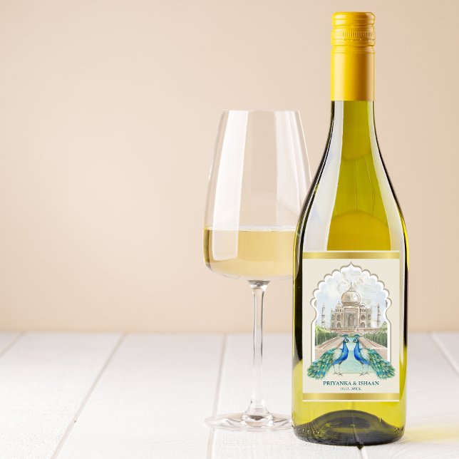 Indian Peacock Gold Taj Mahal Aesthetic Wedding Wine Label (Indian Wedding Gold Peacock Taj Mahal Custom Wine Label)