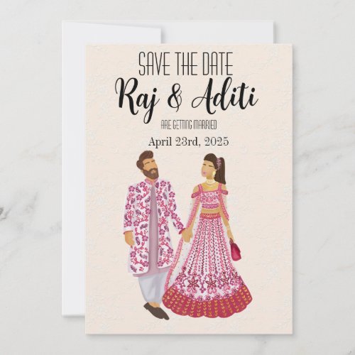 Indian Pink Wedding Illustrated Couple Save The Date