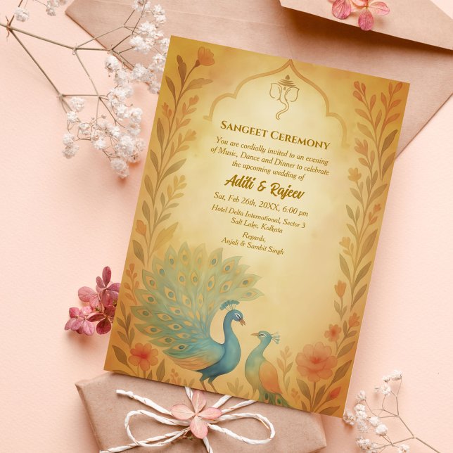 Indian Pre-Wedding Sangeet Ceremony Peacock Floral Invitation (Creator Uploaded)