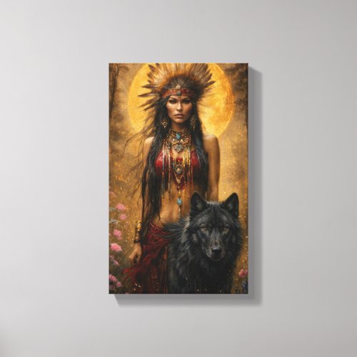 Indian Princess walking with her wolf guardian Canvas Print