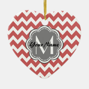 Indian Red Chevron Floral Gray Monogram Ceramic Ornament