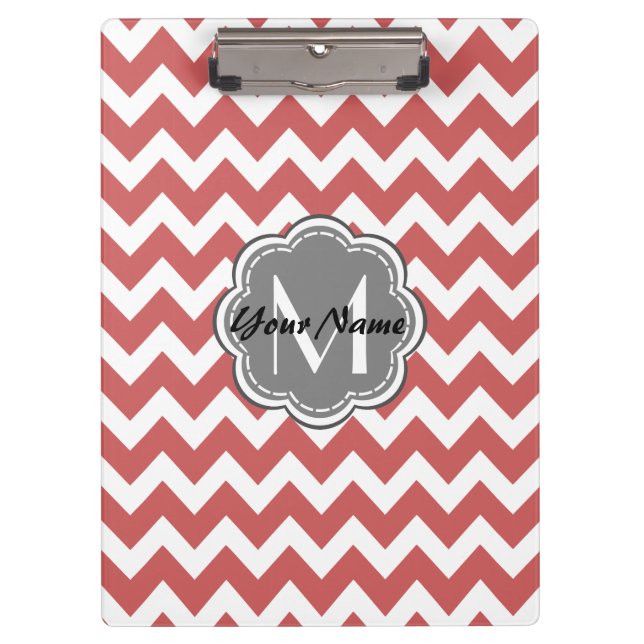 Indian Red Chevron Floral Gray Monogram Clipboard (Front)