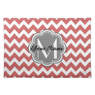 Indian Red Chevron Floral Gray Monogram Cloth Placemat