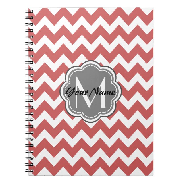 Indian Red Chevron Floral Gray Monogram Notebook (Front)