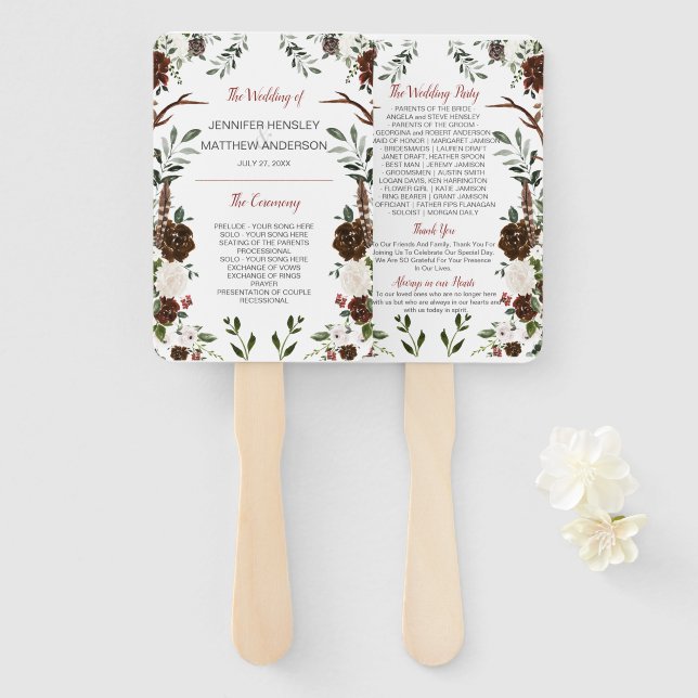 Indian Red Forest Green Boho Rustic Antlers Hand Fan (Front and Back)