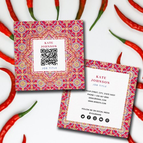 Indian Red Geometric QR Code Social Media Icons  Square Business Card