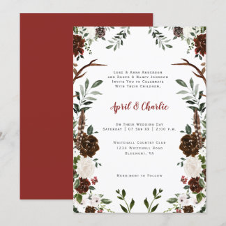 Indian Red Ivory Boho Antlers Floral Frame Invitation