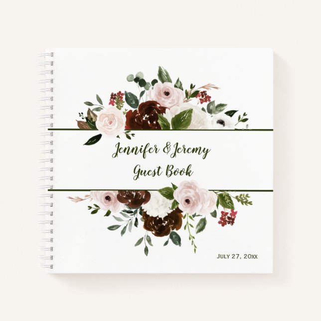 Indian Red Ivory Forest Green Boho Guest Book (Front)